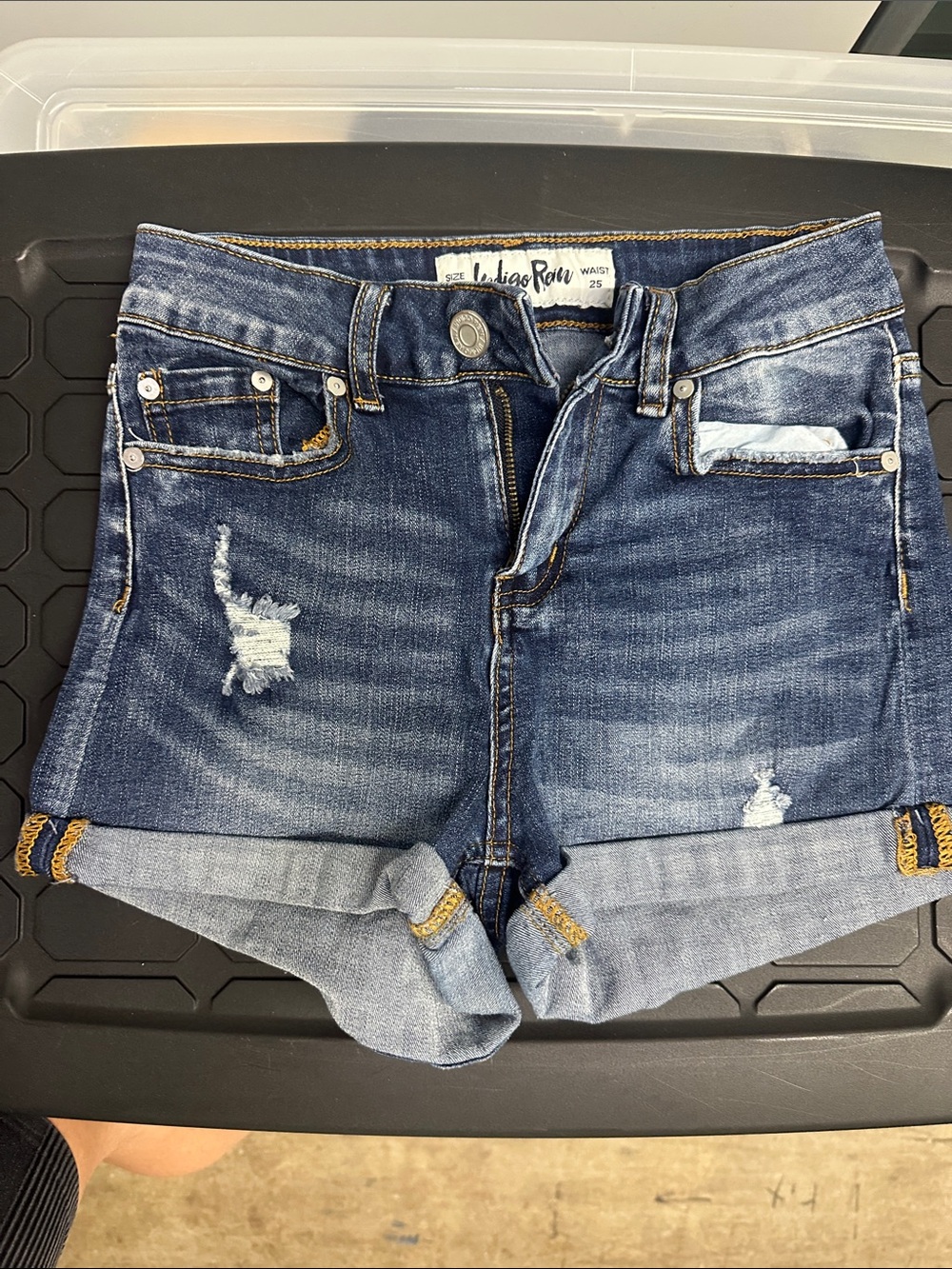 Indigo Rein Distressed Dark Blue Rolled Cuff Denim Shorts